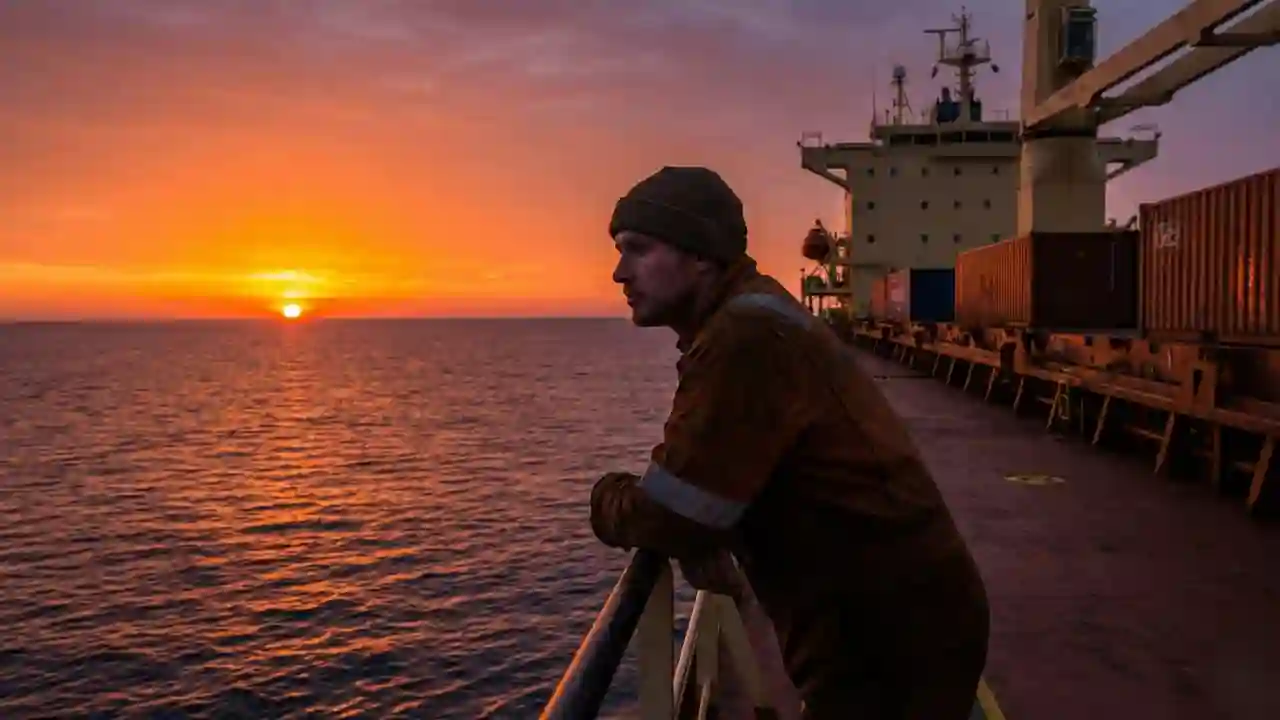 GP Rating Course क्या है? (2026) Fees, Eligibility, Salary | Merchant Navy 3 Merchant navy sailor standing on a ship deck looking at a cinematic sunset over the ocean.
