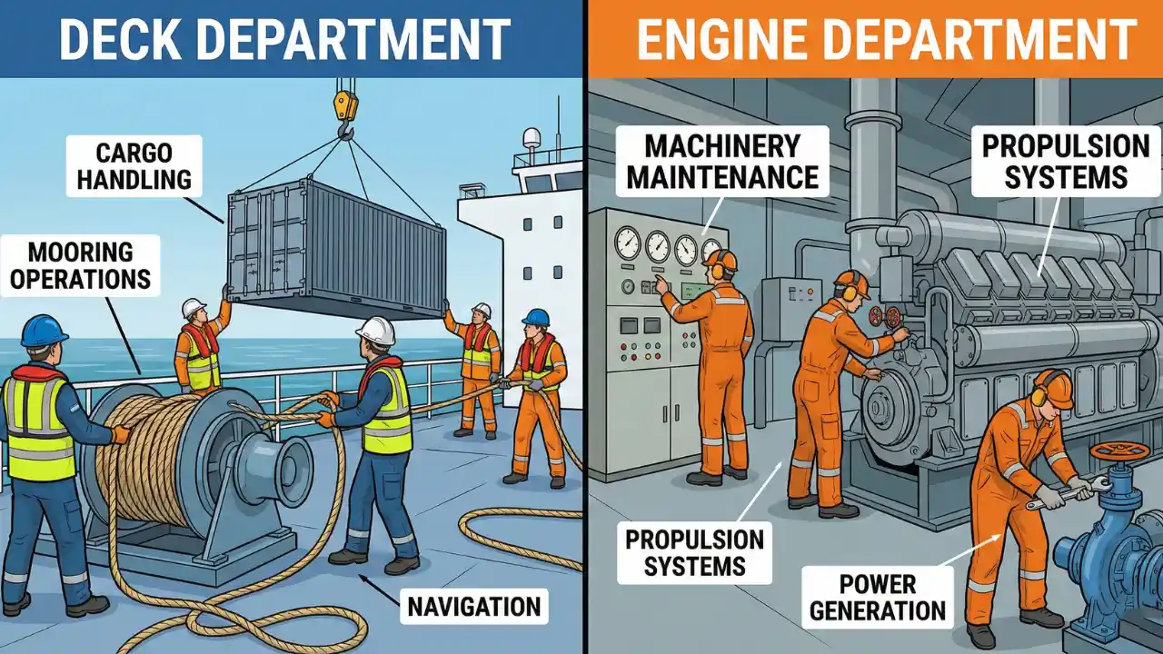 GP Rating Course क्या है? (2026) Fees, Eligibility, Salary | Merchant Navy 1 Split screen educational infographic comparing Deck Department and Engine Department on a merchant ship, showing deck crew handling cargo and engine crew maintaining machinery.