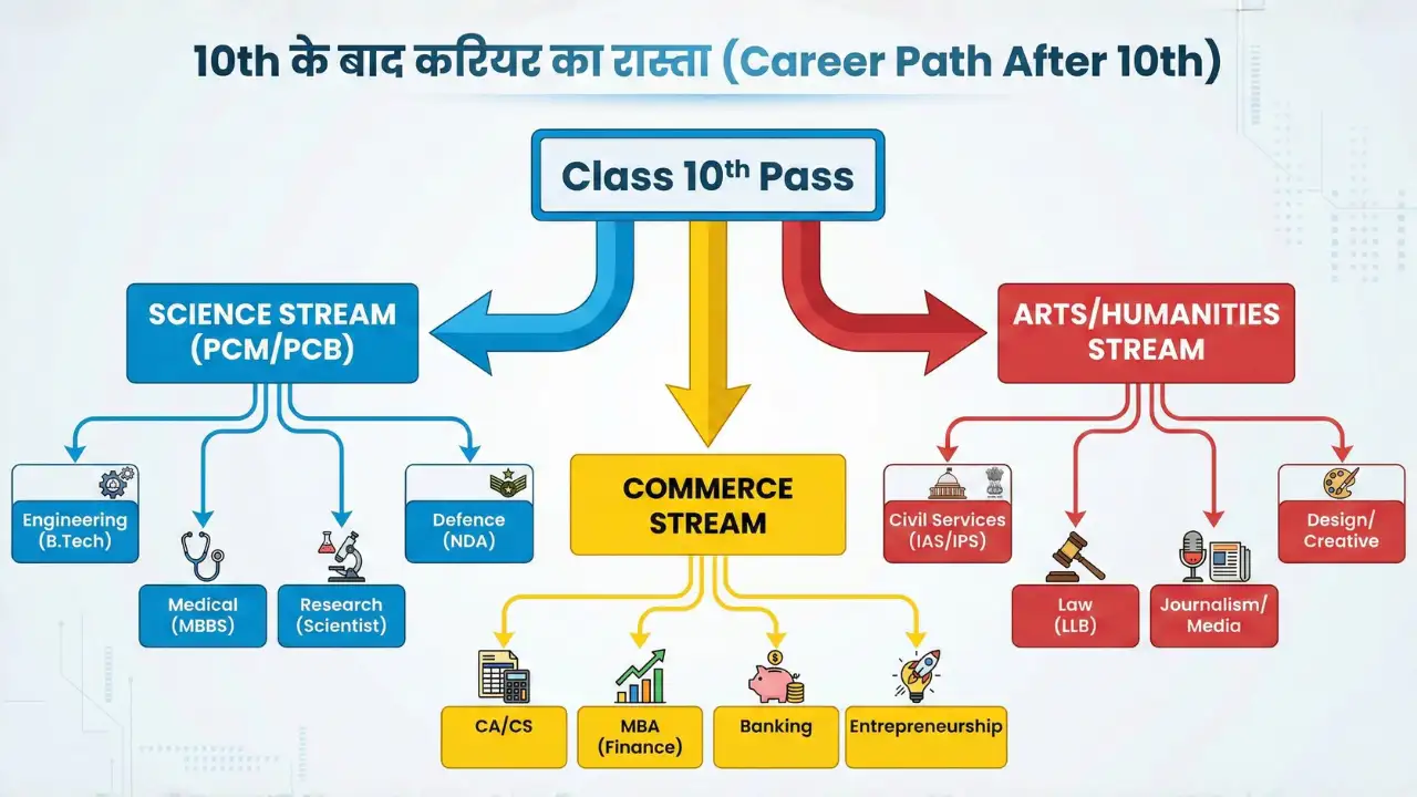 Science vs Commerce vs Arts: 10th के बाद कौन सा Stream Best है? (Salary, Career Scope और Reality Check) 1 Career options after 10th class flowchart in Hindi. Chart showing Science (PCM/PCB), Commerce, and Arts stream career paths like Engineering, MBBS, CA, and IAS.